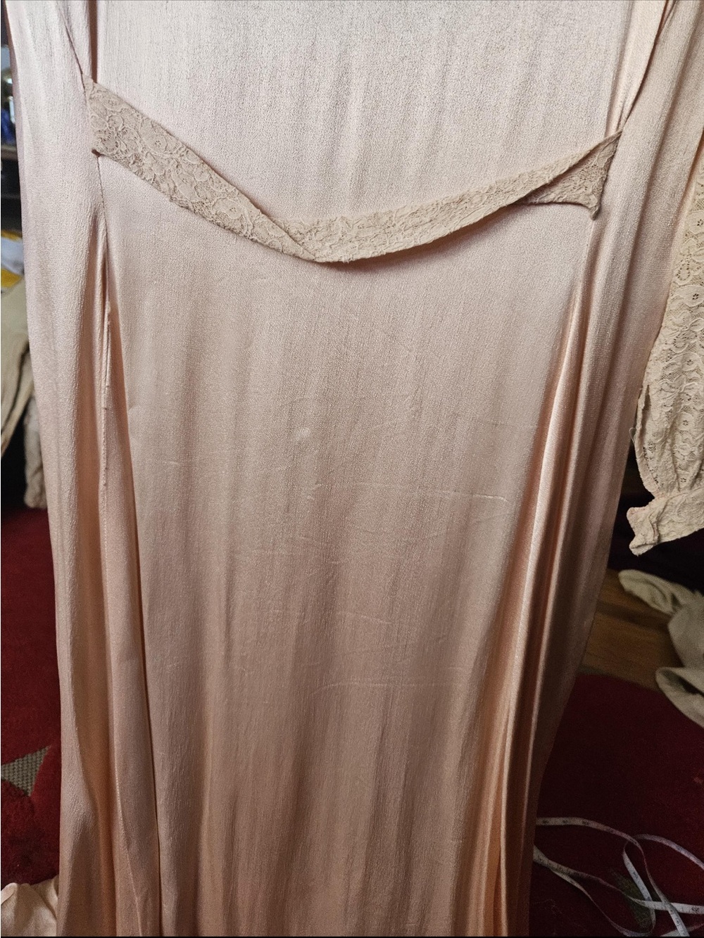 1930’s Elegant Blush Satin and Lace Midi Dress (shoulder pads removed) - Picture 7 of 13
